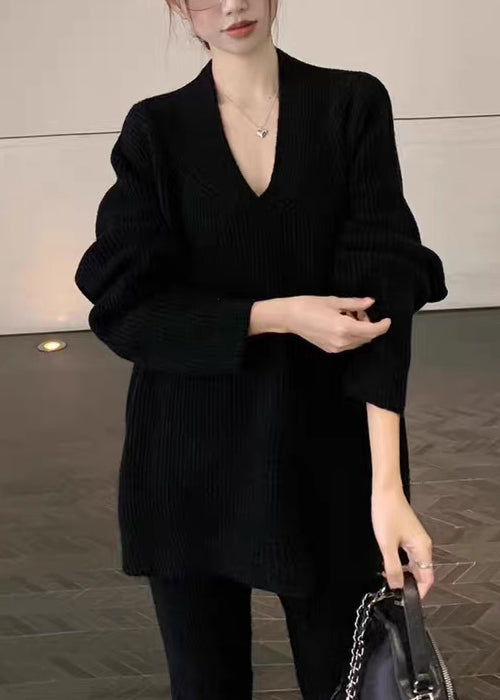Black Sweaters And Flared Trousers Knit Two Pieces Set V Neck