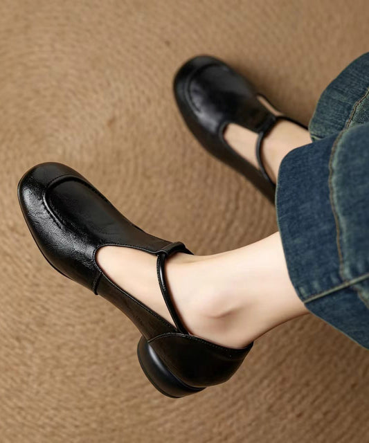 Black T Strap Cowhide Leather Low Heel Shoes