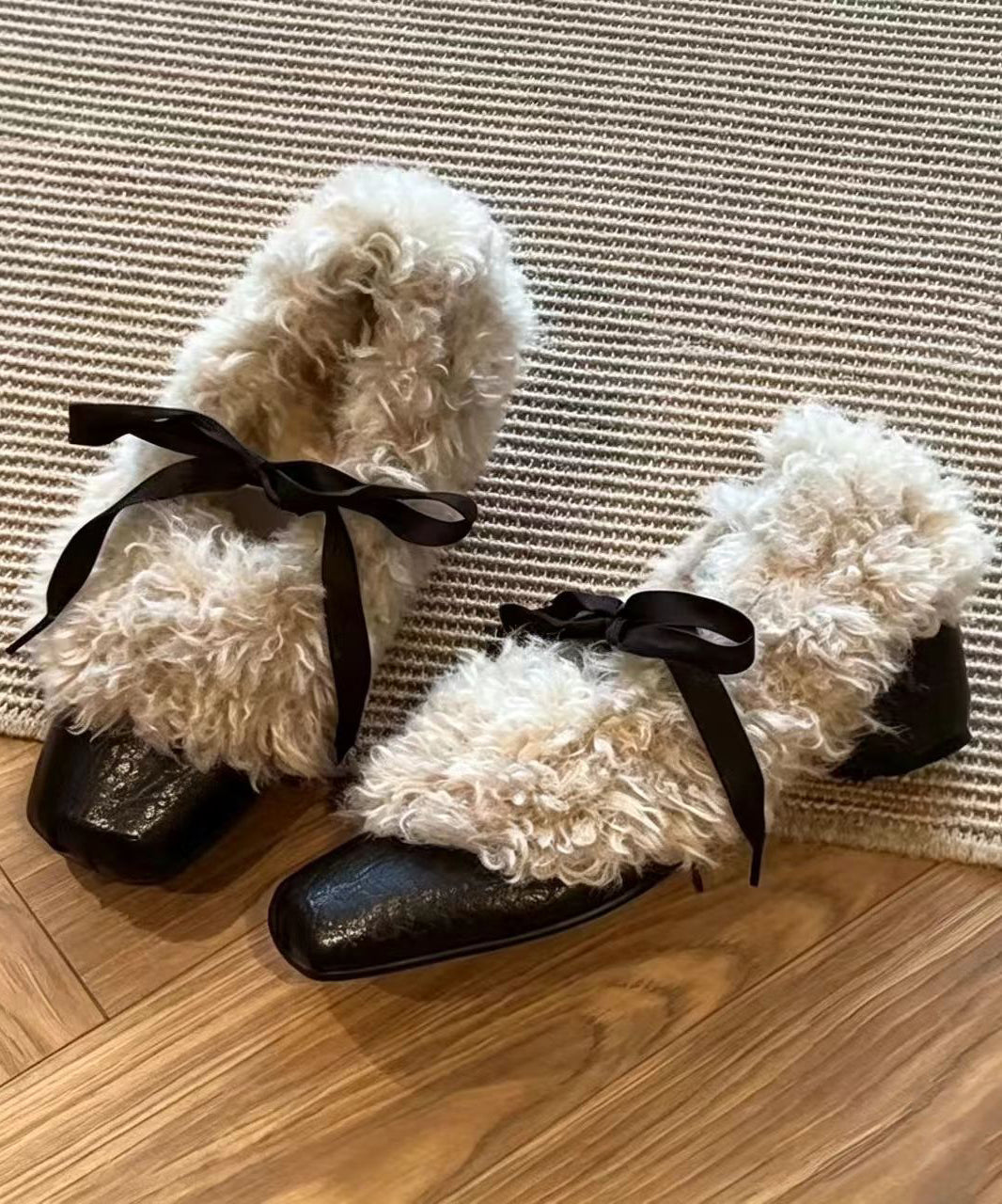 Black Teddy Faux Fur Lace Up Bow Wedge Ballet Shoes