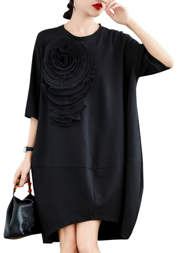 Black Three-dimensional Floral Cotton Tea Dress Oversized Summer