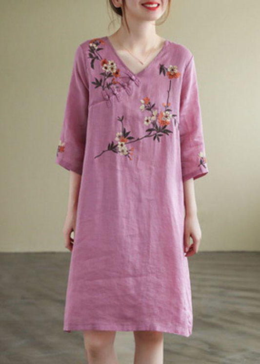 Black V Neck Embroideried Button Three Quarter Sleeve Fall Dresses - SooLinen