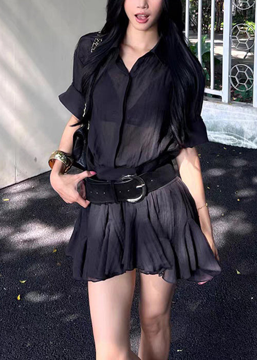 Black Wrinkled Button Cotton Shirts Dress Peter Pan Collar Half Sleeve