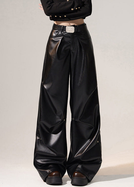 Black Wrinkled High Waist Warm Fleece Wide Leg Pants Winter
