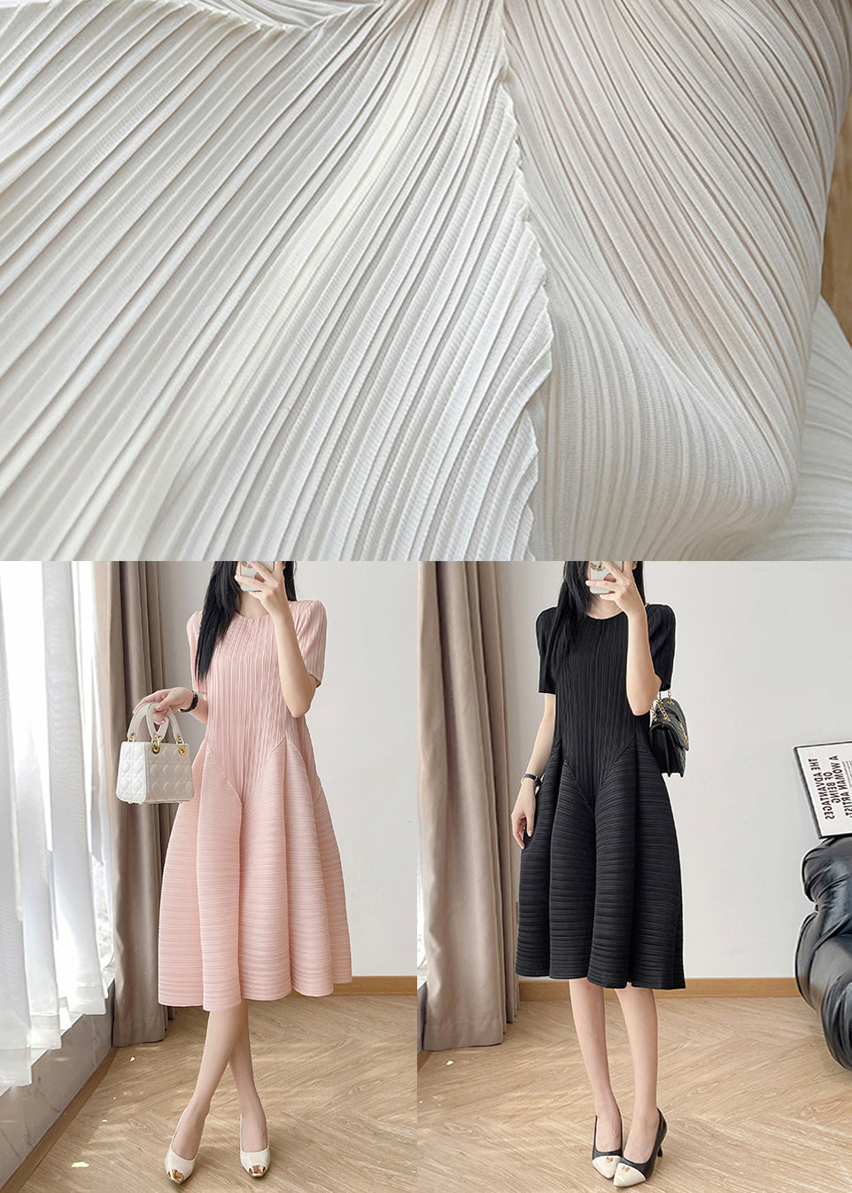 Black Wrinkled Solid Cotton Summer Dress O Neck