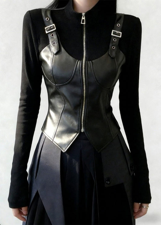 Black Zip Up Faux Leather Patchwork T Shirt Stand Collar Spring