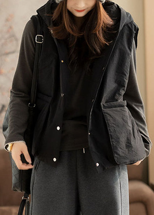 Black Zippered Button Hooded Waistcoat Sleeveless