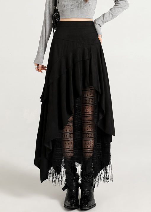 Black Zippered Tasseled Lace Faux Suede Skirts Asymmetrical