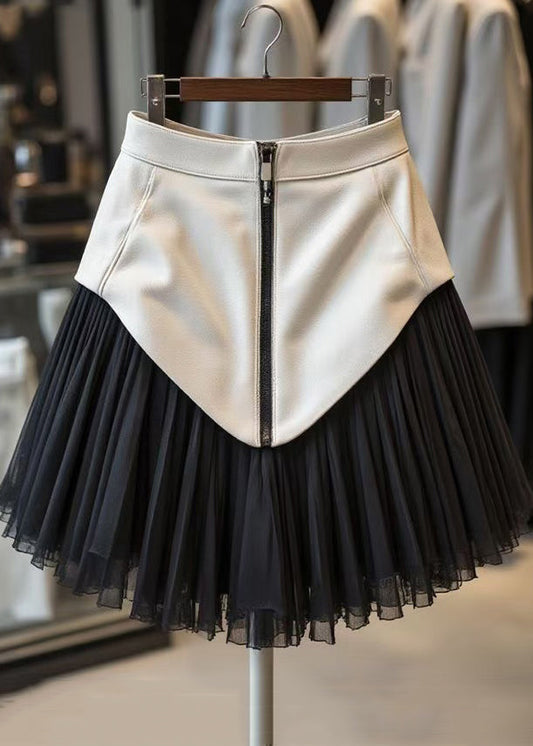 Black Zippered Tulle Patchwork Faux Leather Skirts Wrinkled
