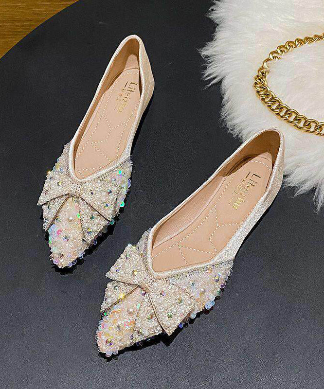 Black Zircon Flat Feet Shoes Pointed Toe Handmade Splicing Bow
