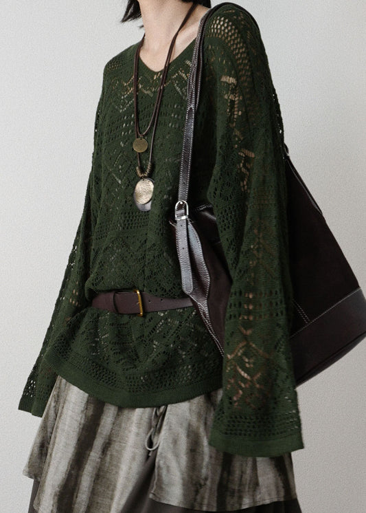 Blackish Green Hollow Out Knit Tops Fall
