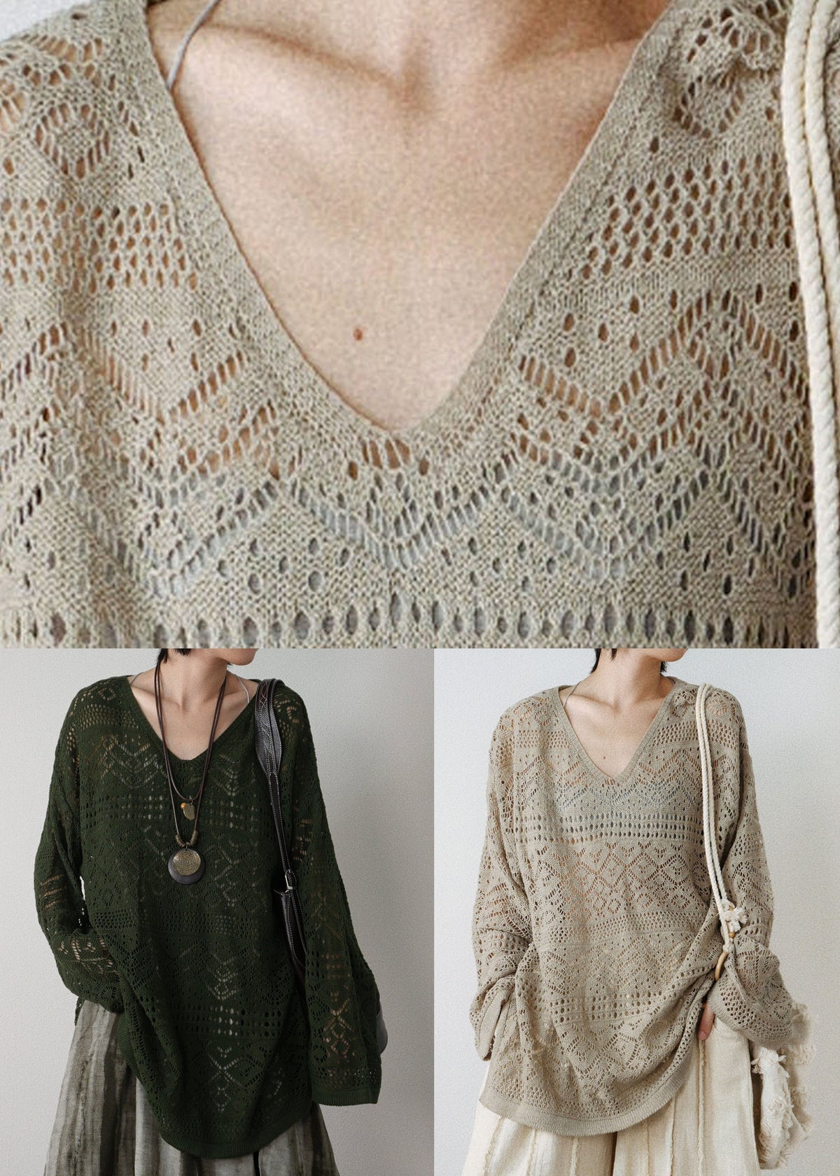 Blackish Green Hollow Out Knit Tops Fall