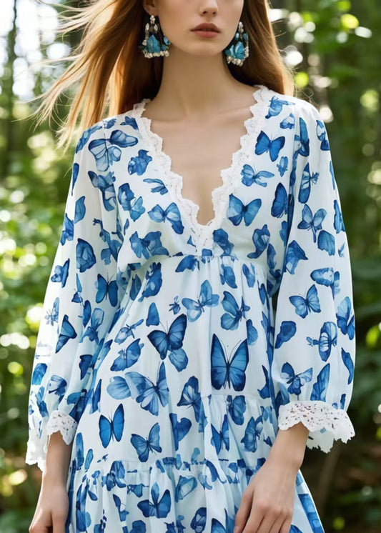 Blue Butterfly Cotton Day Dress Low High Design Bracelet Sleeve