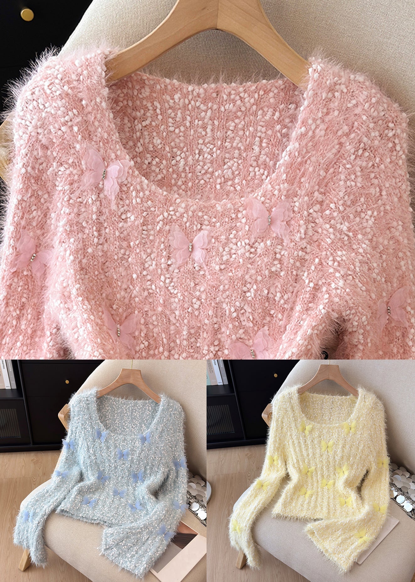 Blue Butterfly Thick Knit Sweater Square Collar Flare Sleeve