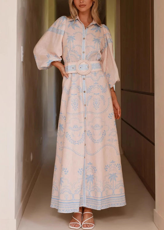 Blue Button Print Linen Spring Shirt Dresses Peter Pan Collar