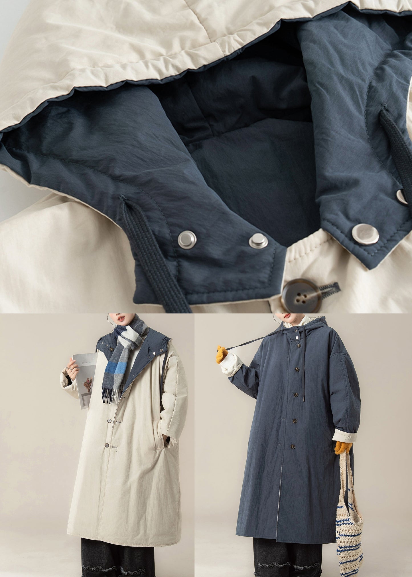 Blue Button Warm Hooded Maxi Parkas Winter