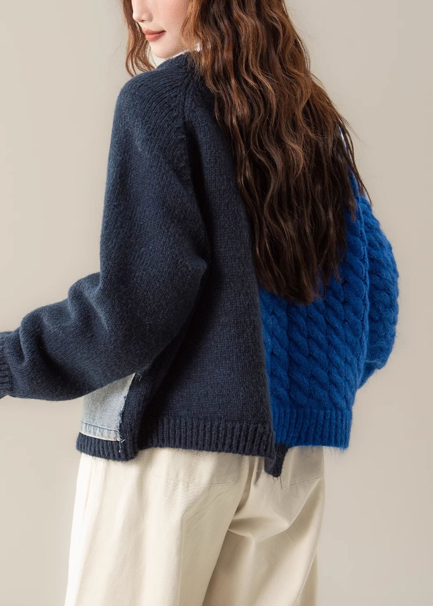 Blue Denim Patchwork Cable Knit Sweater Tops Asymmetrical