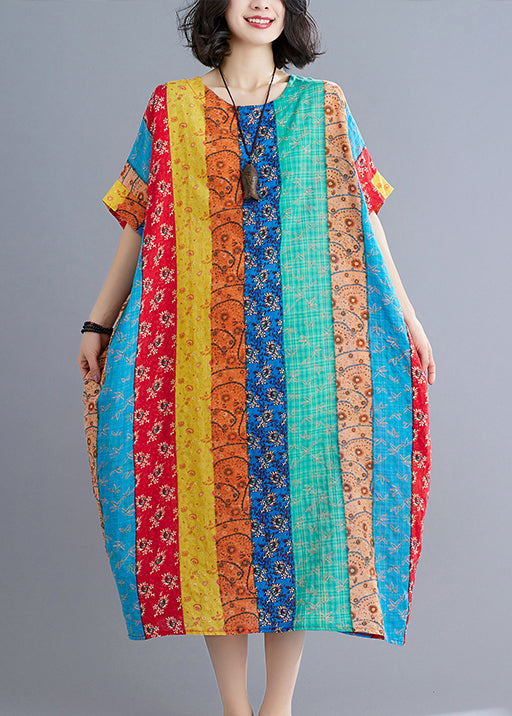 Blue Green Striped Patchwork Long Dress Short Sleeve