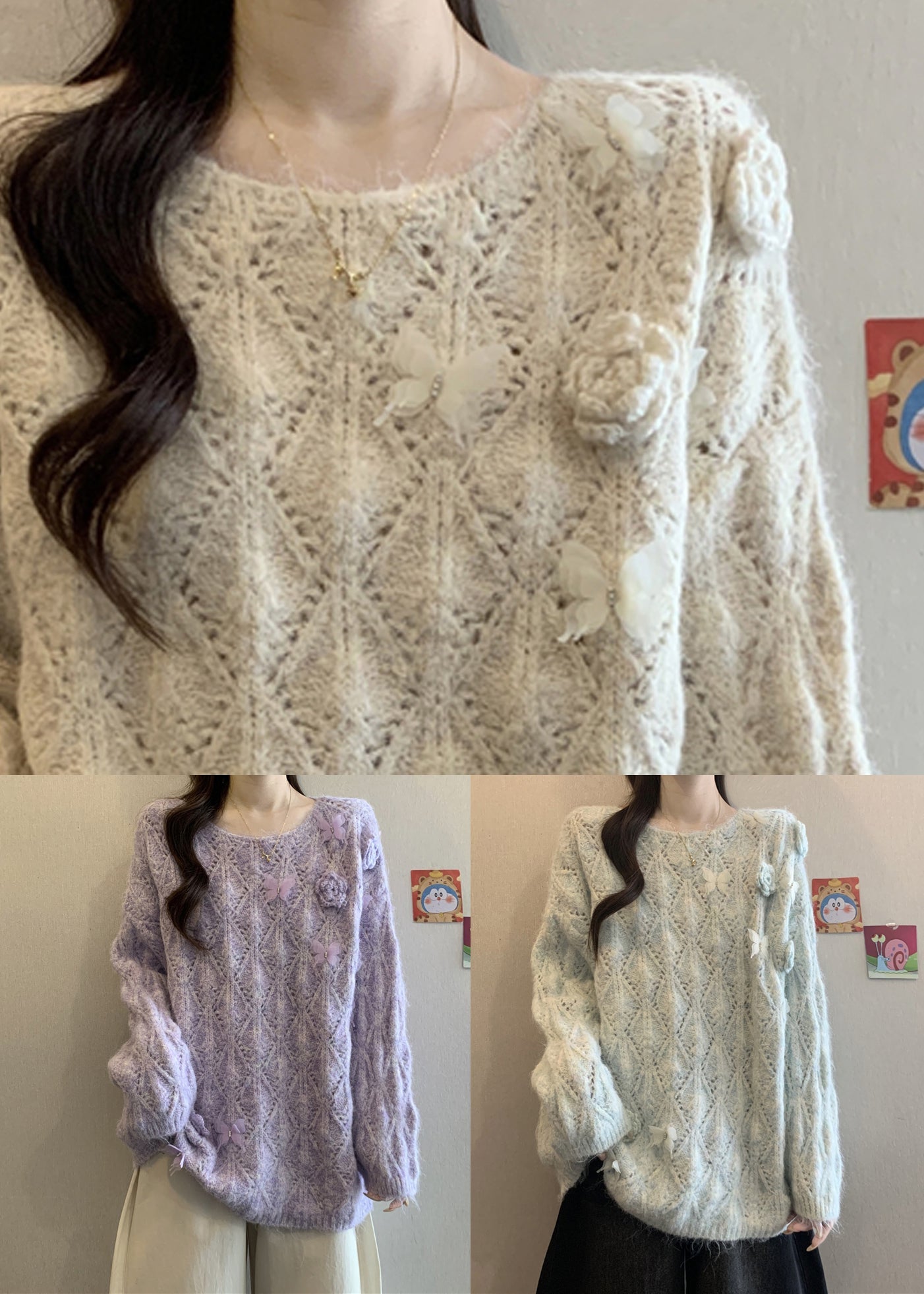 Blue Hollow Out Floral Knit Knit Shirts O Neck Long Sleeve