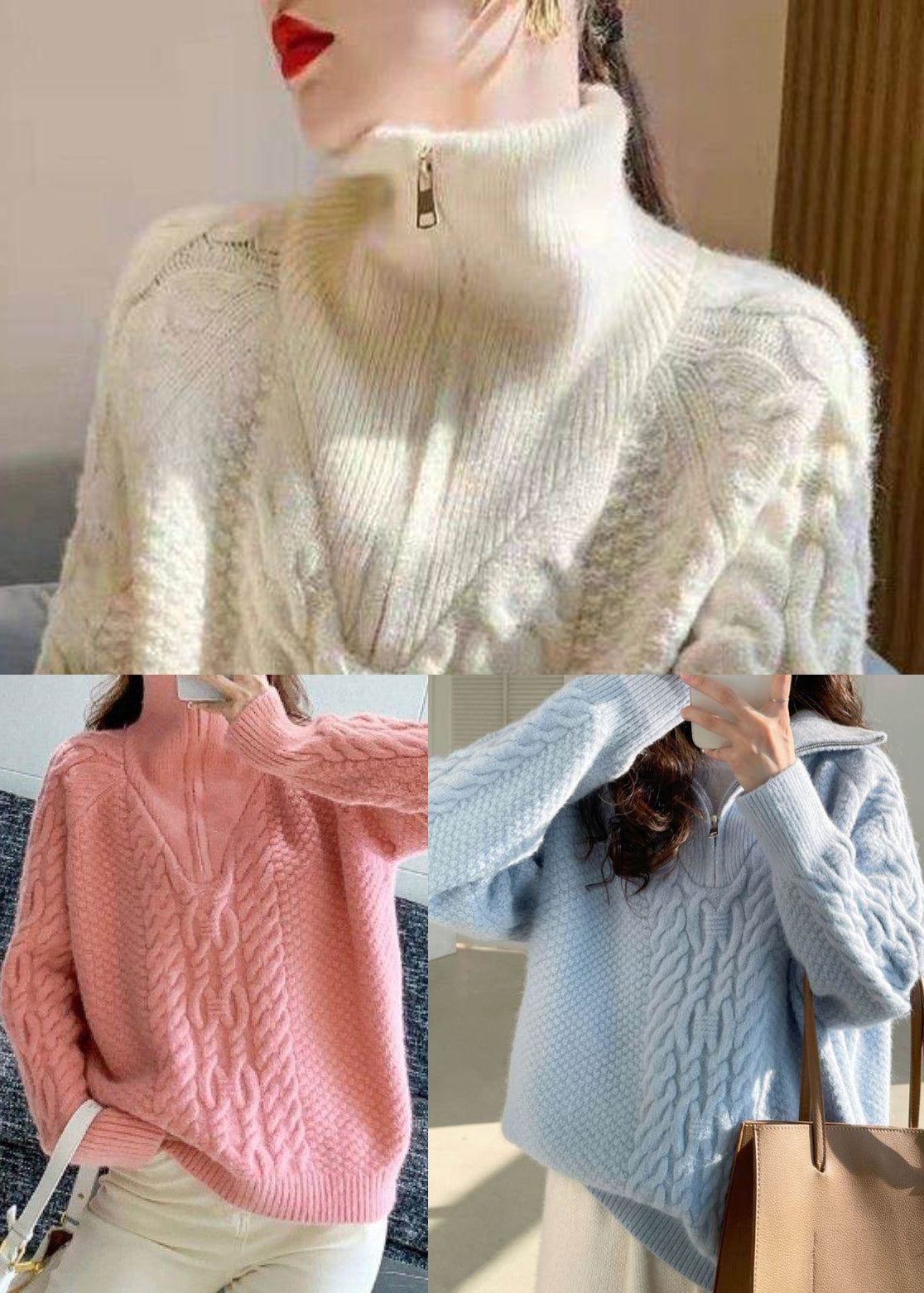 Blue Loose Thick Knit Pullover High Neck Winter