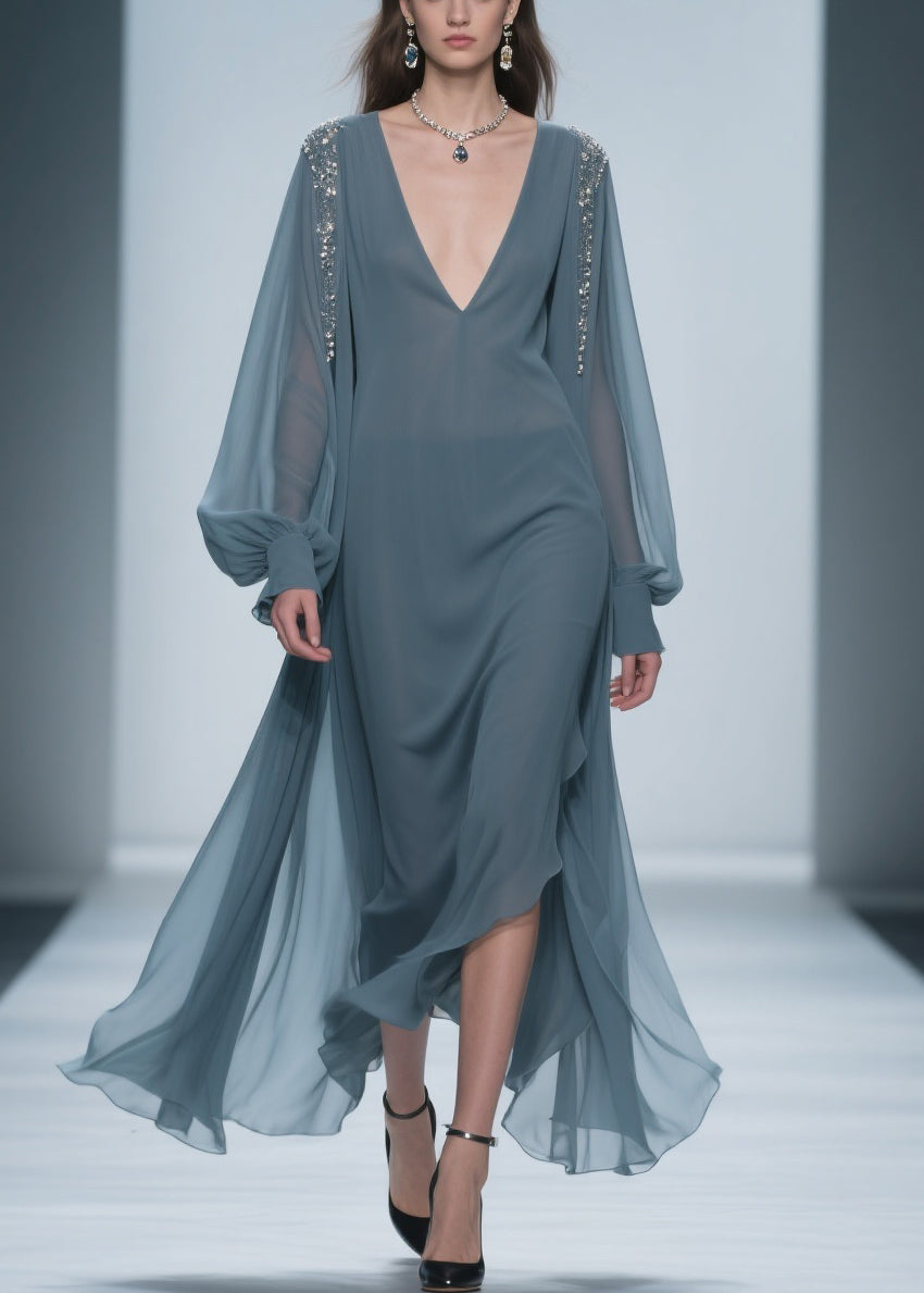 Blue Original Design Solid Chiffon Dress V Neck Lantern Sleeve