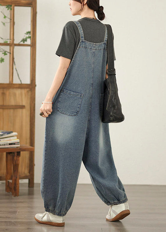 Blue Patchwork Casual Denim Jumpsuit Pockets Spring