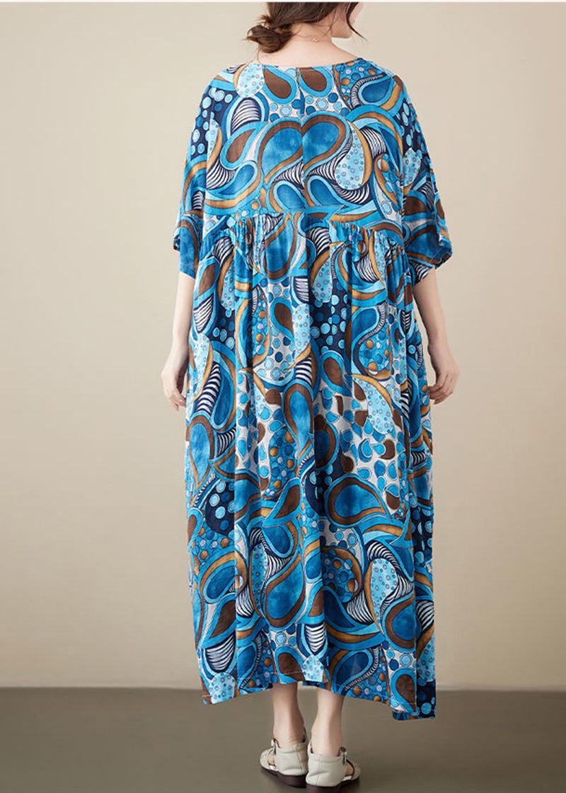 Blue Print Cotton Vacation Dress Oversized Exra Large Hem Summer
