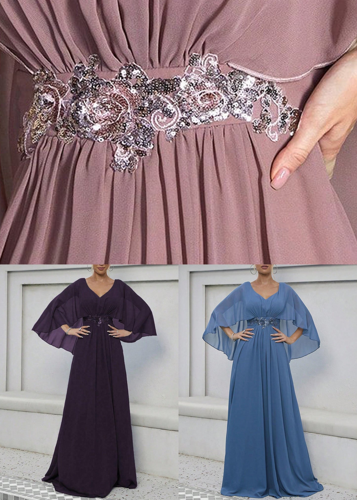 Blue Sequins High Waist Long Dress V Neck Batwing Sleeve