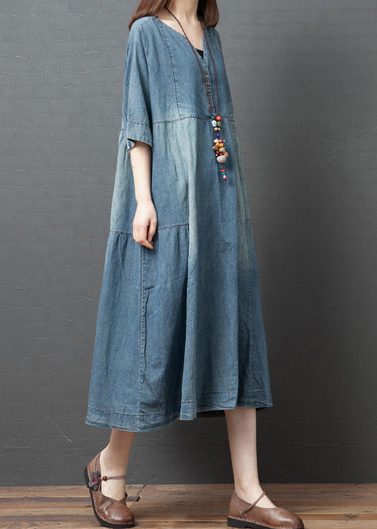 Blue Solid Patchwork Cotton Denim Dresses Button Half Sleeve1