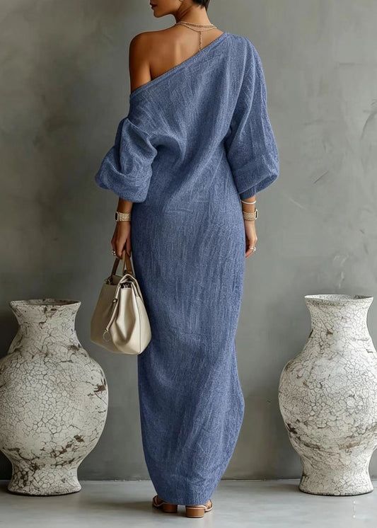 Blue Vacation Dresses One Shoulder Long Sleeve