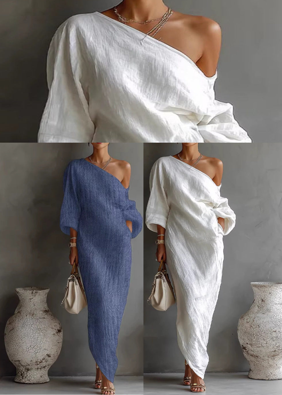 Blue Vacation Dresses One Shoulder Long Sleeve