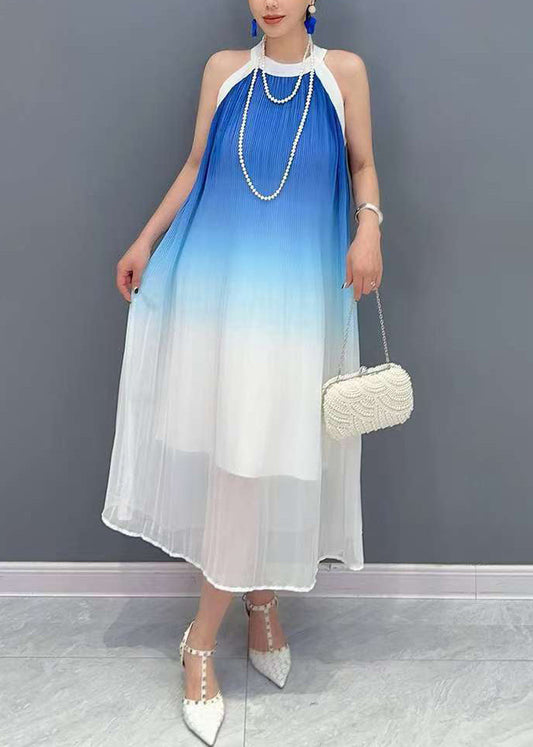 Blue Wrinkled Patchwork Chiffon Long Dresses Summer