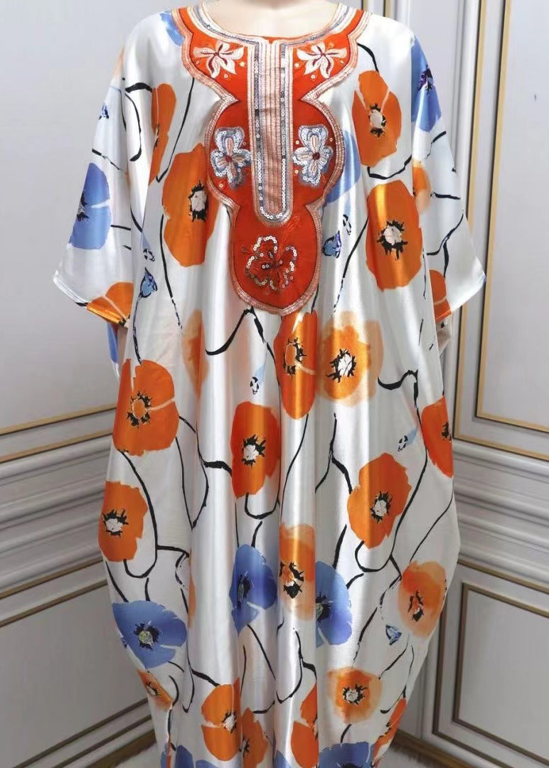 Bohemian Apricot Oversized Print Silk Holiday Dress Summer