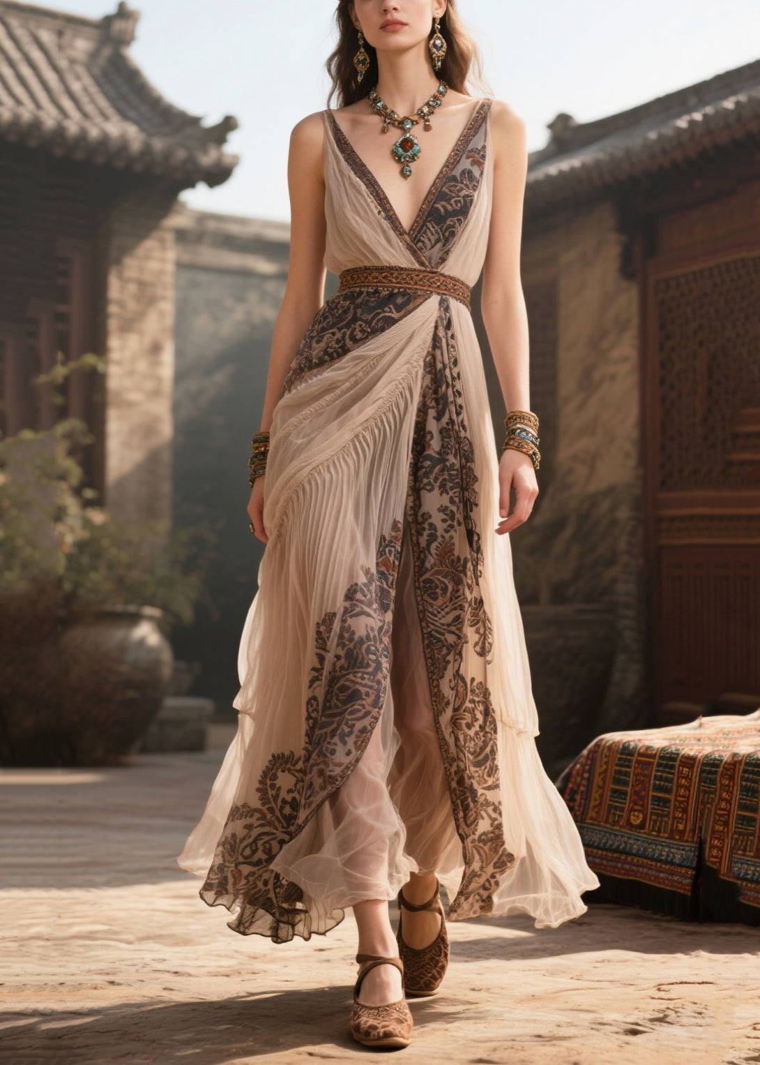 Bohemian Apricot V Neck Print Chiffon Cami Dress Summer