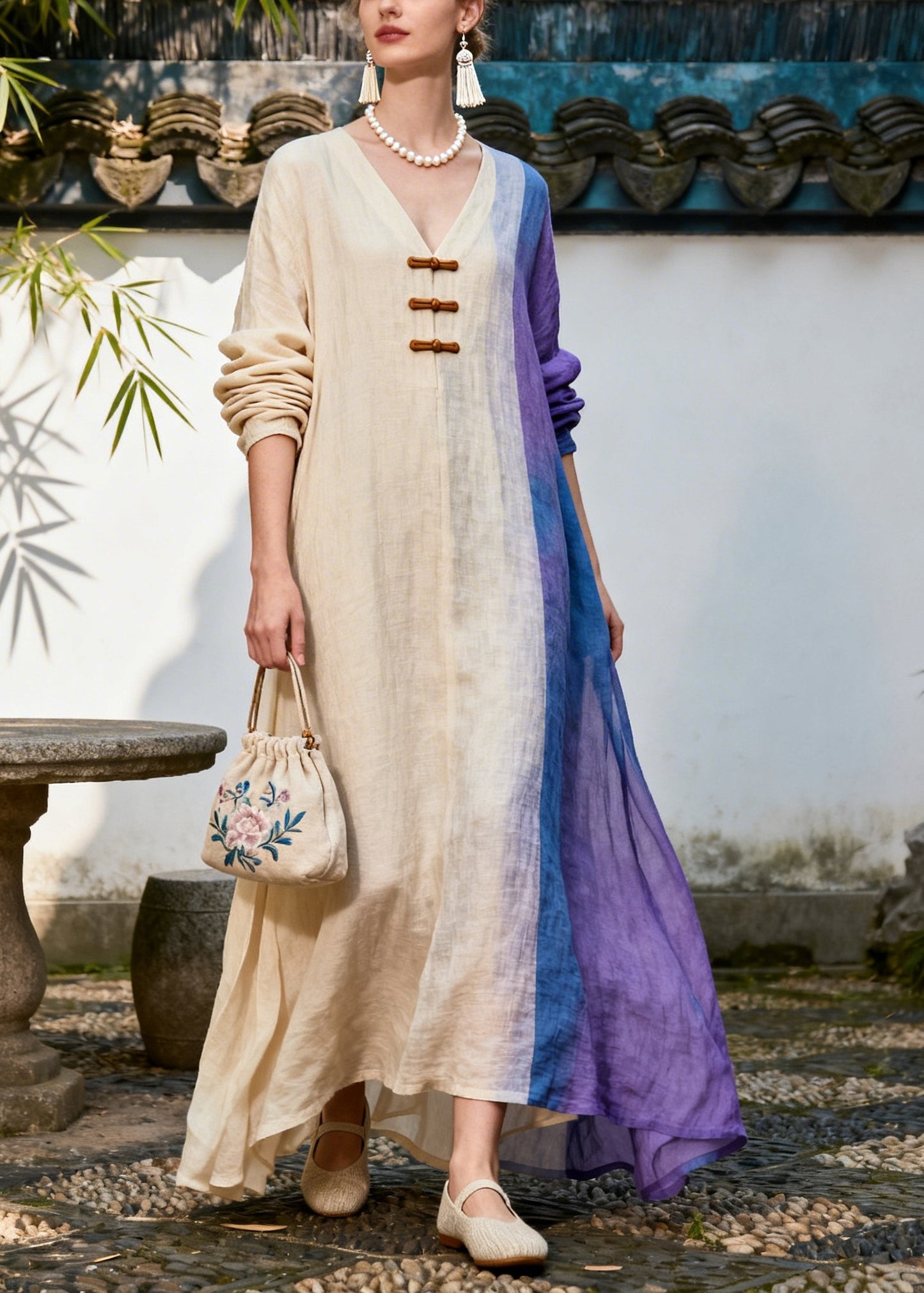 Bohemian Beige Asymmetrical Patchwork Chinese Button Cotton Dress Summer