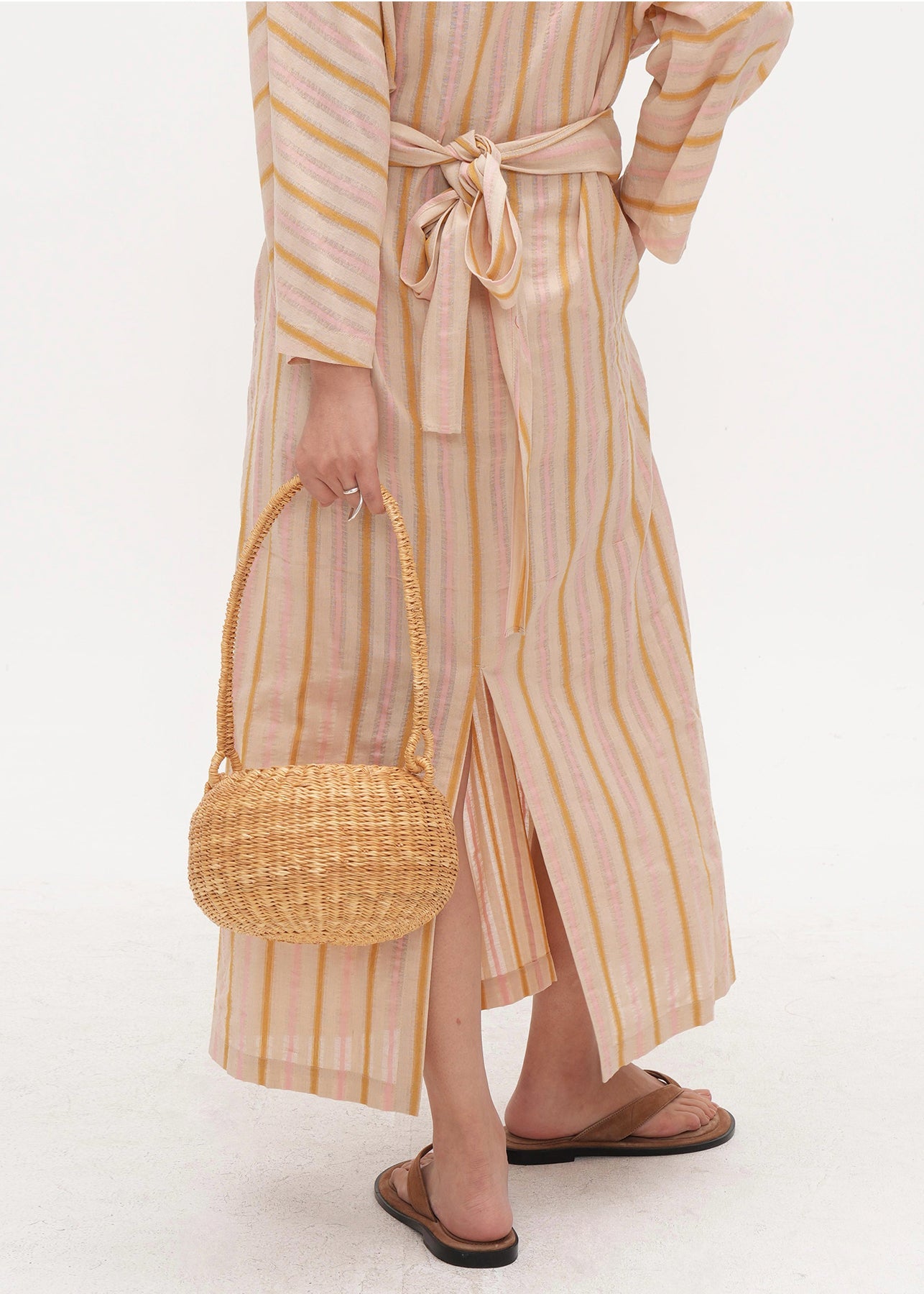 Bohemian Beige Asymmetrical Striped Cotton Tunic Dress Fall