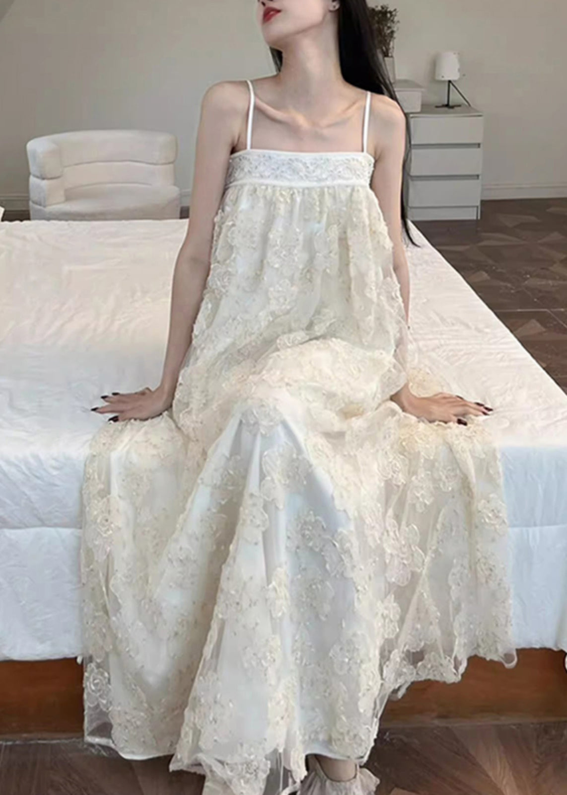 Bohemian Beige Embroidered Tulle Patchwork Long Dresses Sleeveless