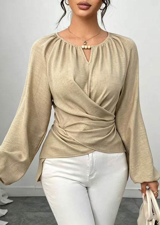 Bohemian Beige O-Neck Low High Design Cotton Shirts Fall