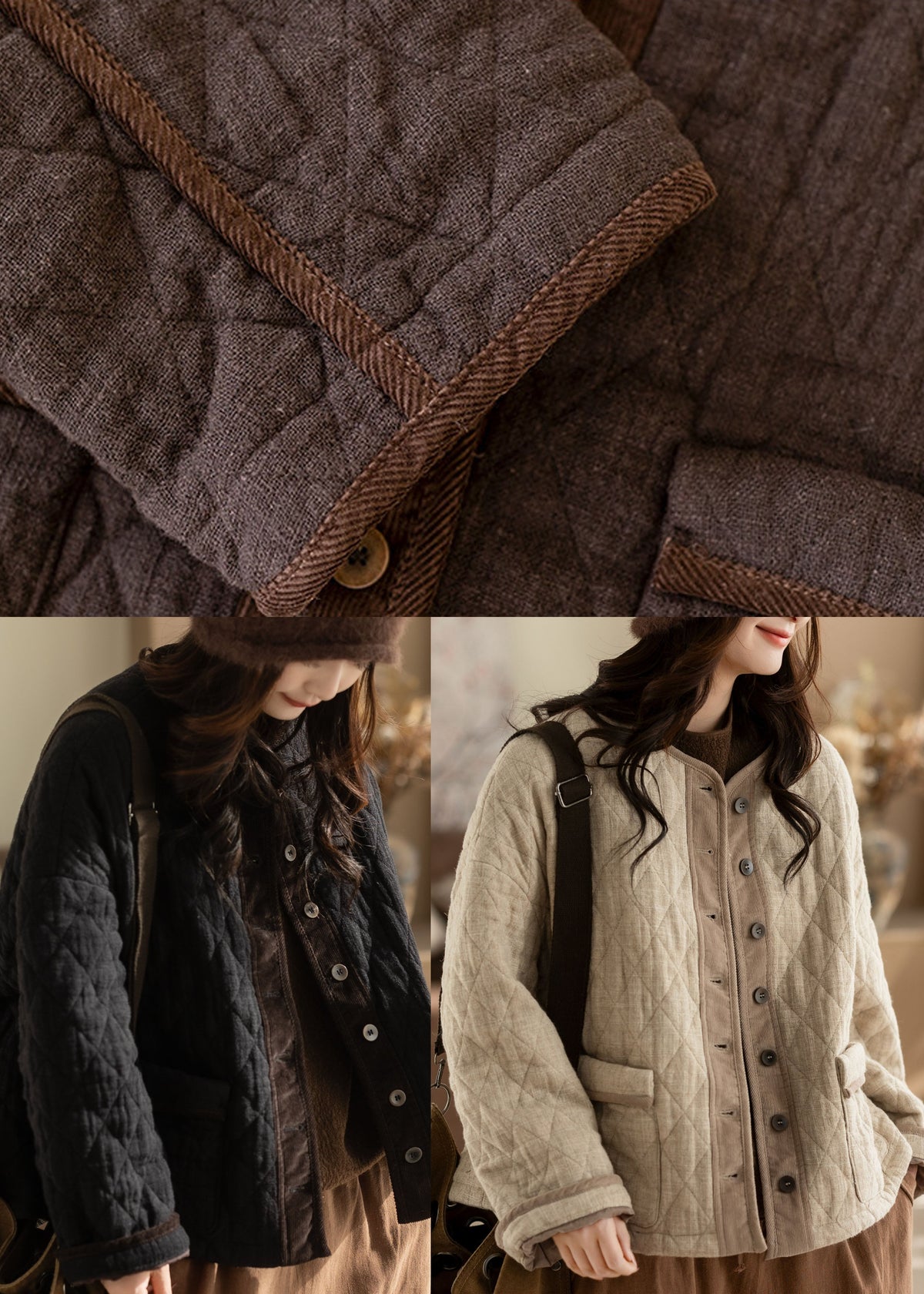 Bohemian Beige Oversized Patchwork Fine Cotton Filled Coats Winter