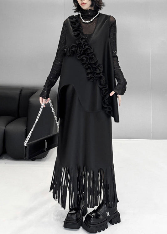 Bohemian Black Asymmetrical Stereoscopic Floral Faux Leather Waistcoat Sleeveless