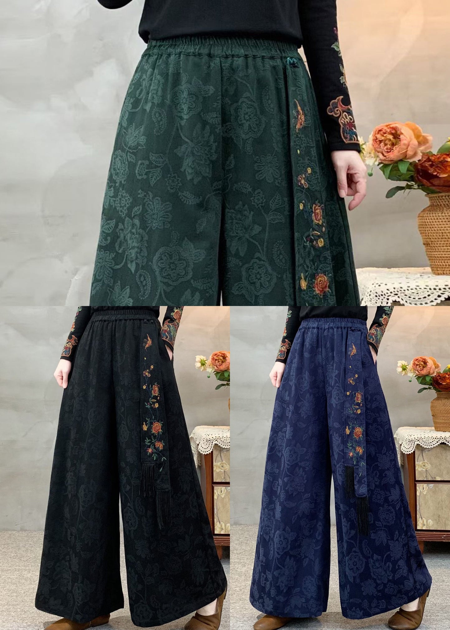 Bohemian Black Elastic Waist Pockets Jacquard Cotton Pants Fall