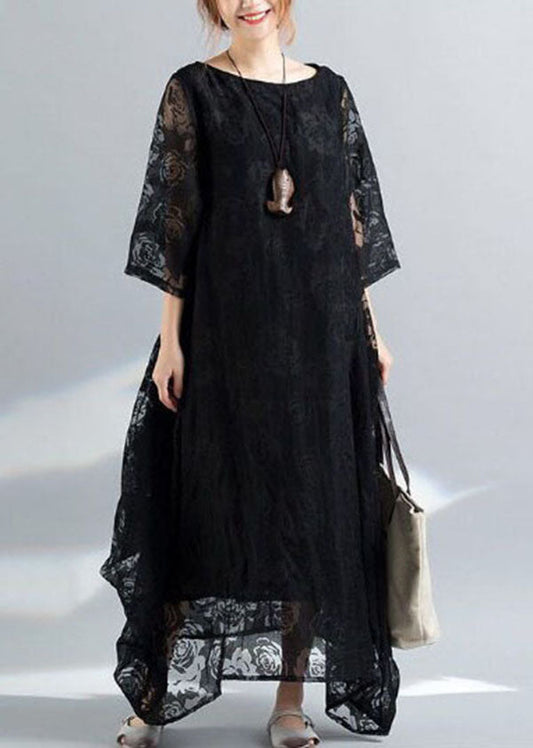 Bohemian Black O-Neck Embroideried Lace Long Dress Bracelet Sleeve