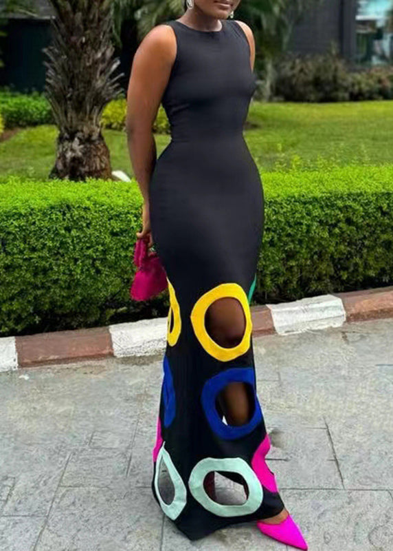 Bohemian Black O-Neck Hollow Out Maxi Dresses Sleeveless