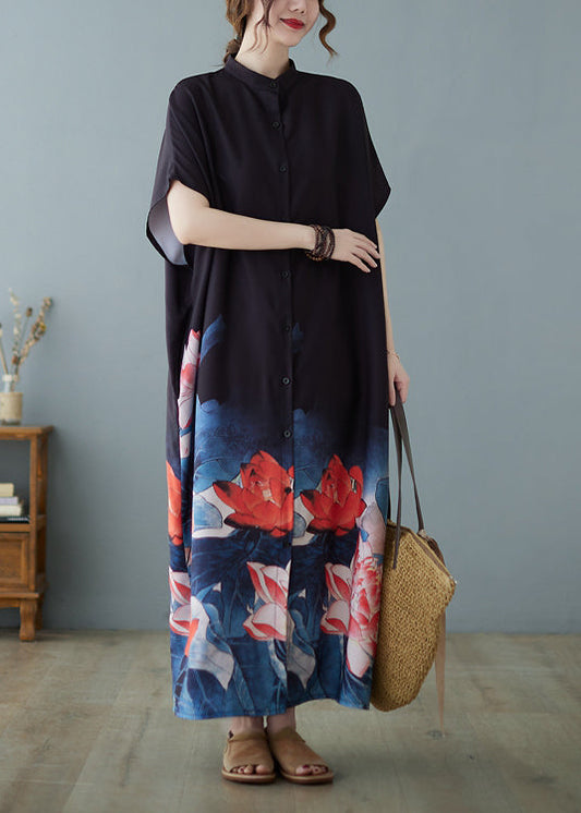 Bohemian Black Stand Collar Oversized Floral Print Chiffon Dress Summer