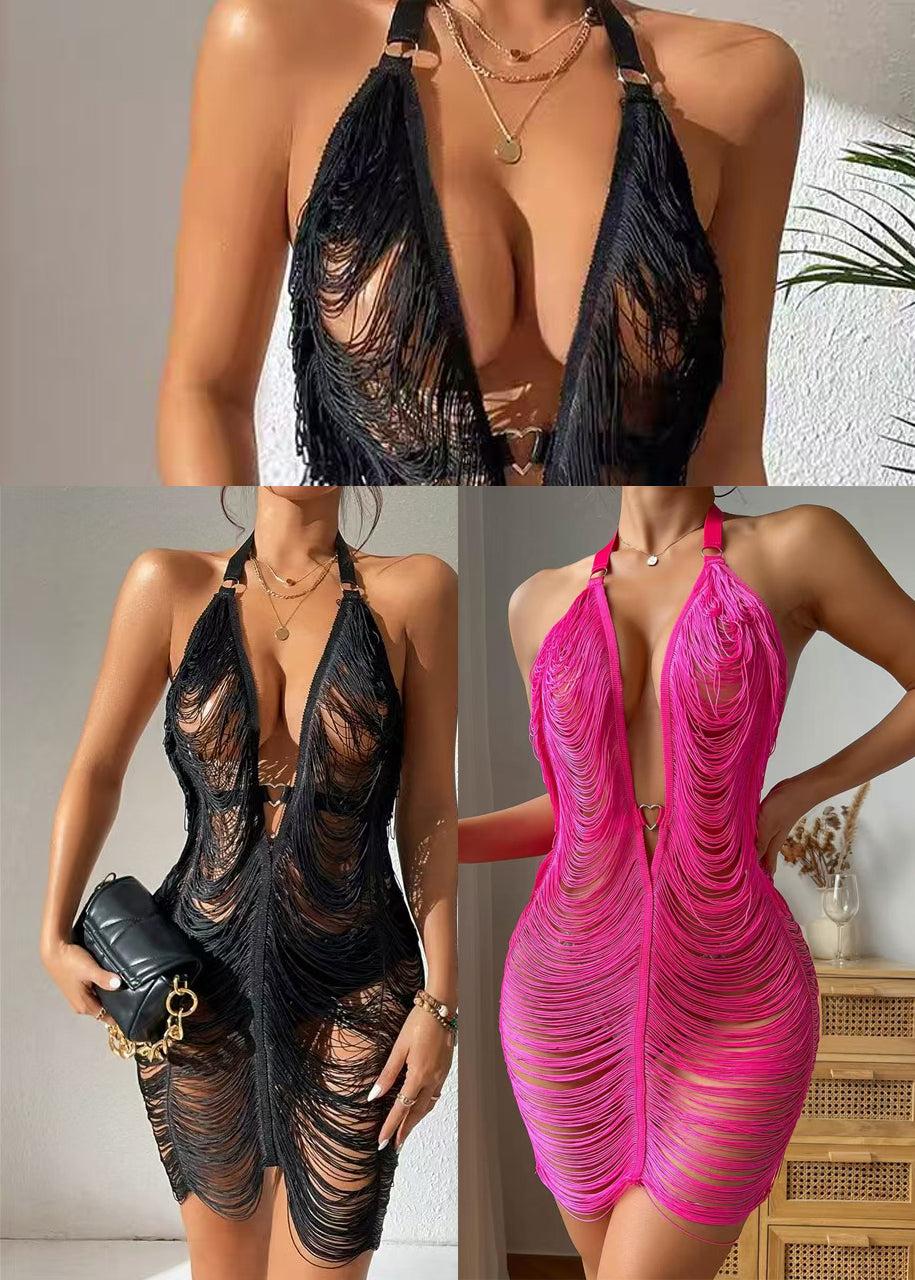 Bohemian Black V Neck Backless Dress Summer