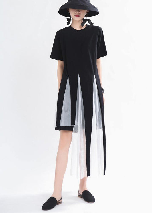 Bohemian Black asymmetrical design Mid Summer Cotton Dress - SooLinen