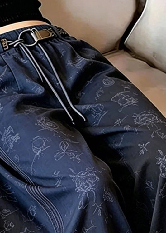 Bohemian Blue Asymmetrical Print Side Open Wide Leg Pants
