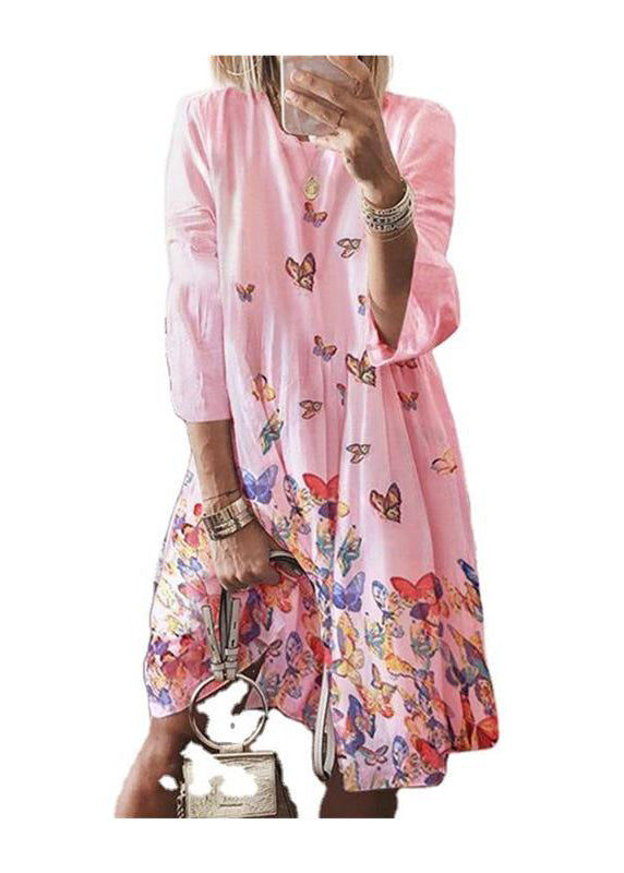 Bohemian Blue O Neck Butterfly Print Cotton Mid Dress Summer