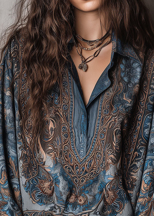 Bohemian Blue Peter Pan Collar Print Cotton Shirt Top Fall