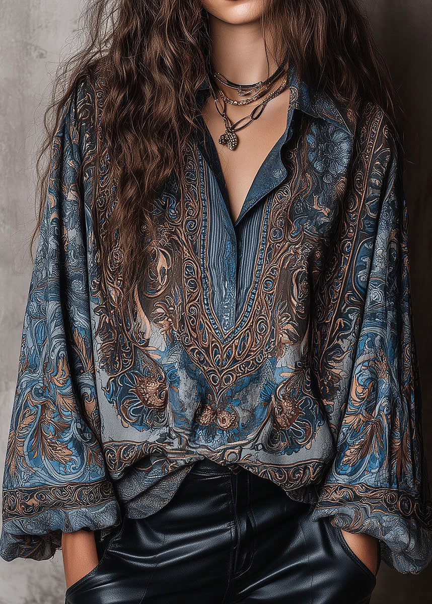 Bohemian Blue Peter Pan Collar Print Cotton Shirt Top Fall