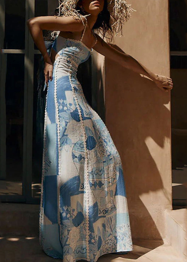 Bohemian Blue Print Patchwork Long Spaghetti Strap Dress Summer